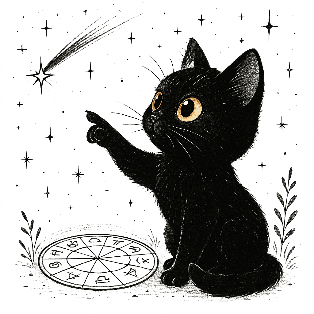 Illustration of a black cat pointing toward a shooting star