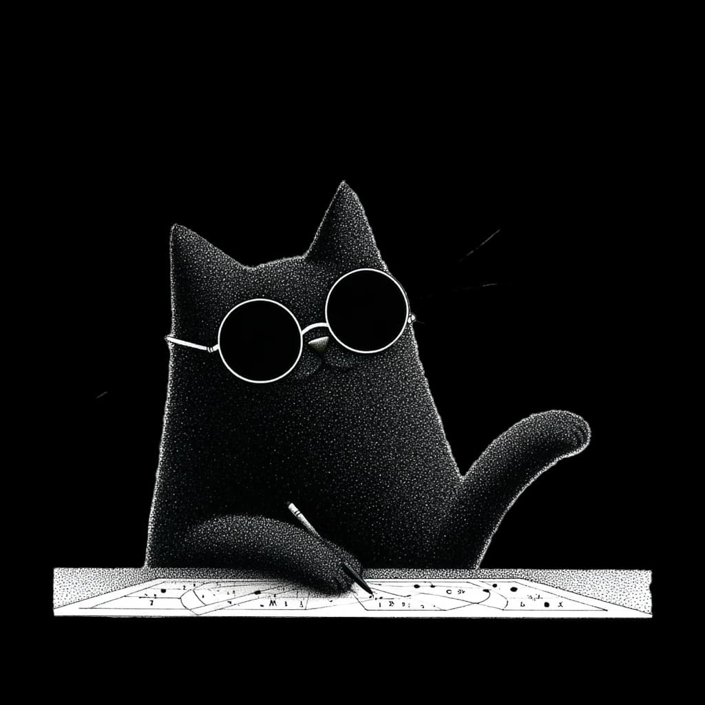 Luvsa’s black cat in round glasses studying a chart at a table
