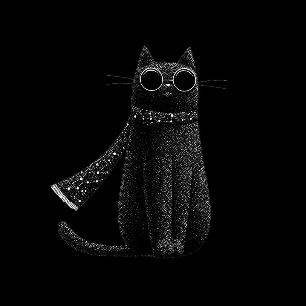 Luvsa’s black cat in round glasses and a star-patterned scarf