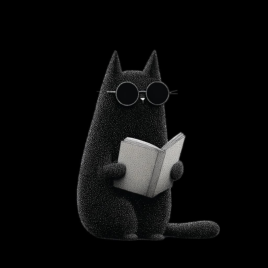An illustrated black cat reading a book