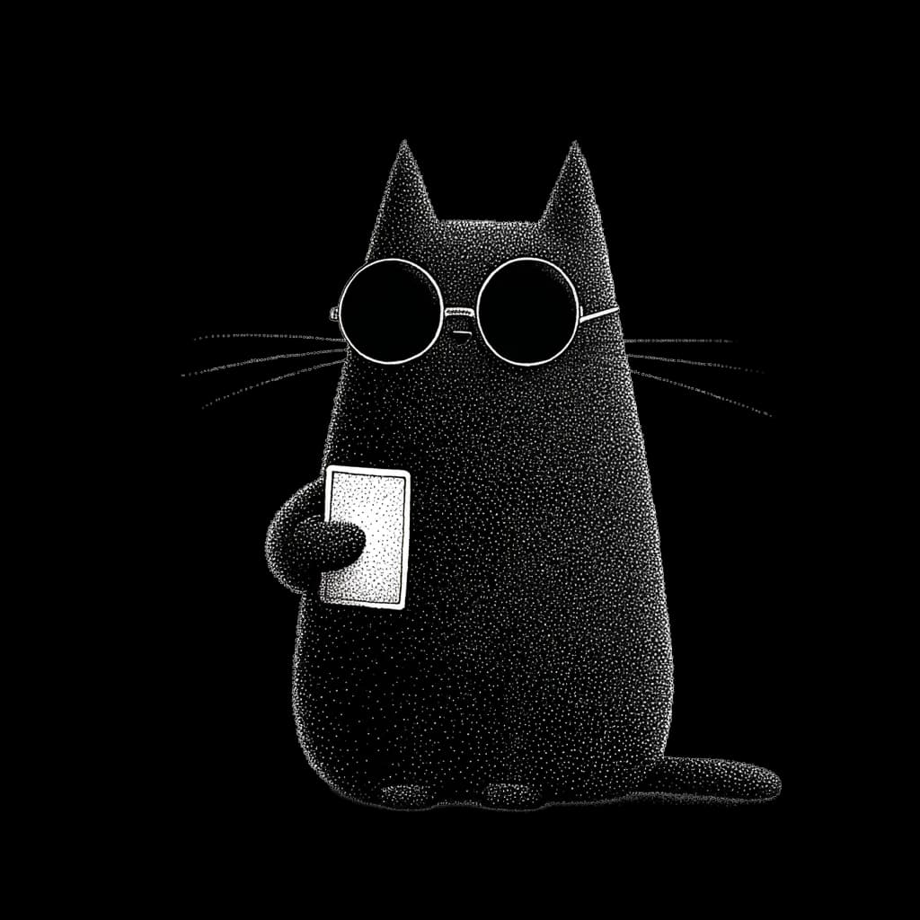 Luvsa’s black cat in round glasses holding a small rectangular object